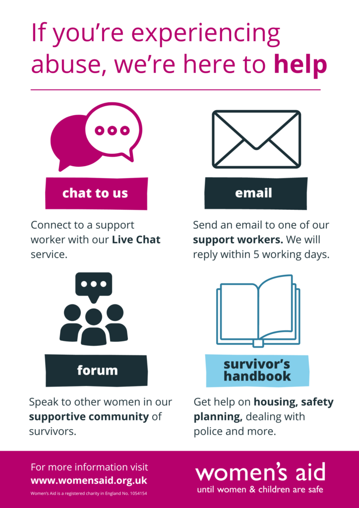 If you're experiencing abuse, we're here to help. Chat to us, Email, Forum, Survivors Handbook